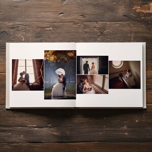 May include: An open photo album featuring five distinct wedding photographs displayed on white pages. The images show a couple in formal attire, including scenes of them standing by a window, under an umbrella in the rain, and on a staircase.