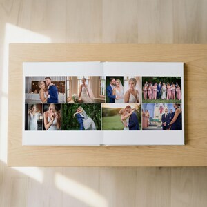 May include: A square photo album open to a spread featuring a collage of wedding photographs. The images display various scenes including a couple embracing, a bride in a white gown, a groom in a blue suit, and a wedding party in pink dresses.