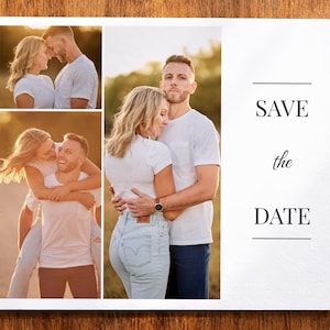 Puede incluir: Una tarjeta rectangular de Save the Date con tres paneles fotogr&aacute;ficos de una pareja con camisas blancas y vaqueros azul claro. El lado derecho muestra el texto SAVE the DATE en fuentes serif y script negras sobre fondo blanco.