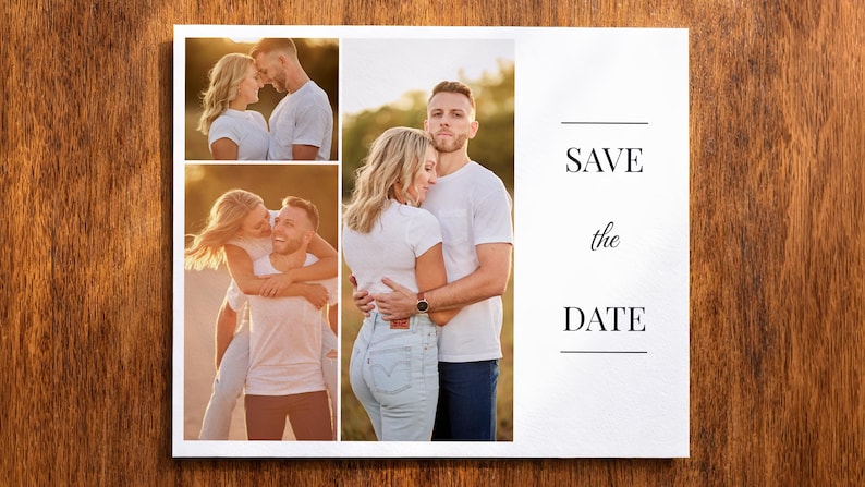 Puede incluir: Una tarjeta rectangular de Save the Date con tres paneles fotogr&aacute;ficos de una pareja con camisas blancas y vaqueros azul claro. El lado derecho muestra el texto SAVE the DATE en fuentes serif y script negras sobre fondo blanco.