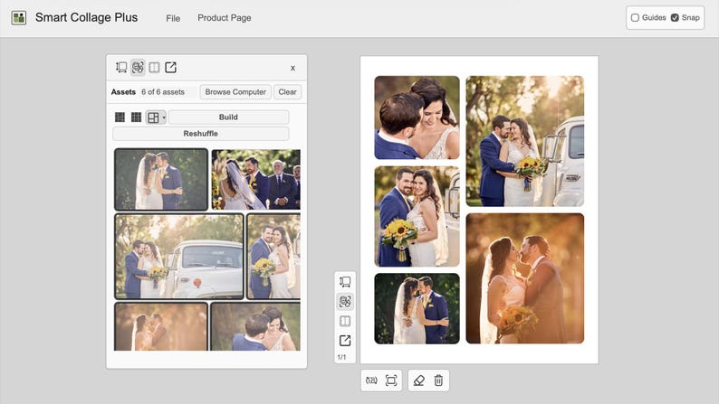 K&ouml;nnte beinhalten: Eine digitale Benutzeroberfl&auml;che f&uuml;r die Software Smart Collage Plus, die ein Fotocollagen-Layout anzeigt. Der Bildschirm zeigt eine Seitenleiste mit Werkzeugen zur Ressourcenverwaltung und einen Arbeitsbereich mit sechs Hochzeitsfotos.