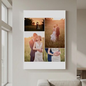 K&ouml;nnte beinhalten: Ein rechteckiger Wandkunstdruck mit einer Collage aus vier Hochzeitsfotos. Die Bilder zeigen ein Paar auf einem Feld bei Sonnenuntergang, eine Braut in einem wei&szlig;en Kleid und einen Br&auml;utigam in einem dunklen Anzug in verschiedenen Posen.