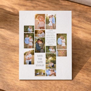 Puede incluir: Una tarjeta save the date rectangular blanca con un collage de fotos de una pareja en varios entornos al aire libre. El texto dice: A joyful celebration is on the horizon. Please save the date and plan to join in marking the beginning of a beautiful new chapter. SAVE THE DATE 10-24-26.
