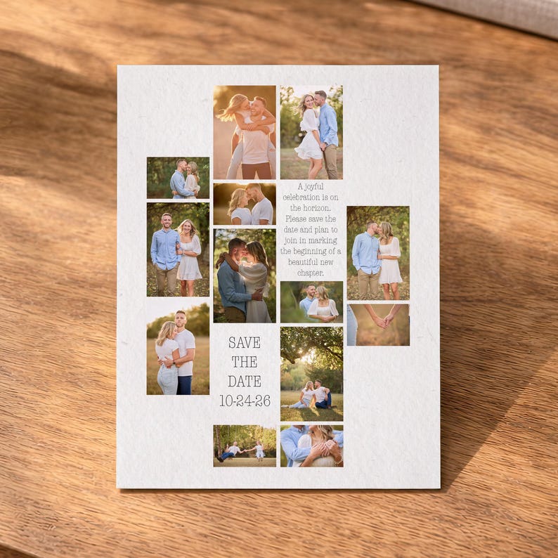 Puede incluir: Una tarjeta save the date rectangular blanca con un collage de fotos de una pareja en varios entornos al aire libre. El texto dice: A joyful celebration is on the horizon. Please save the date and plan to join in marking the beginning of a beautiful new chapter. SAVE THE DATE 10-24-26.