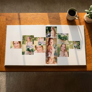 May include: An open photo album featuring a collage of multiple portraits of a person with long hair wearing a white dress and holding a bouquet of flowers. The album pages are white and the photographs are arranged in a rectangular grid layout.