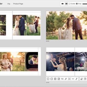 May include: A digital interface titled Smart Album Builder displaying four distinct layouts of wedding photography. The screen shows various photo arrangements featuring couples in outdoor and indoor settings, with navigation tools and page numbers.