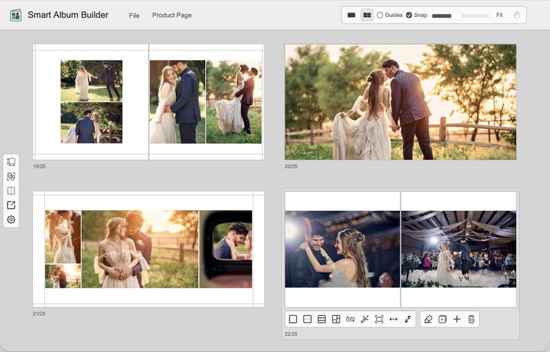 May include: A digital interface titled Smart Album Builder displaying four distinct layouts of wedding photography. The screen shows various photo arrangements featuring couples in outdoor and indoor settings, with navigation tools and page numbers.