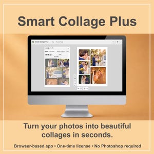 K&ouml;nnte beinhalten: Ein Computermonitor zeigt die Benutzeroberfl&auml;che der Software Smart Collage Plus mit einem digitalen Arbeitsbereich zum Anordnen mehrerer Hochzeitsfotos in einer Collage, vor einem einfarbigen hellorangen Hintergrund.