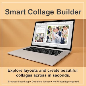 Może przedstawiać: Srebrny laptop wyświetlający na ekranie interfejs oprogramowania Smart Collage Builder. Ekran pokazuje siatkę zdjęć ślubnych. Tekst powyżej brzmi Smart Collage Builder, a poniżej Explore layouts and create beautiful collages across in seconds. Browser-based app, One-time license, No Photoshop required.