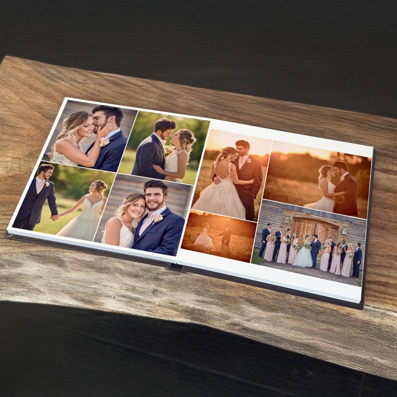 May include: A rectangular photo album open to display a collage of wedding photographs. The pages feature various couples in formal attire, including brides in white gowns and partners in suits, captured in outdoor settings during daylight and sunset.