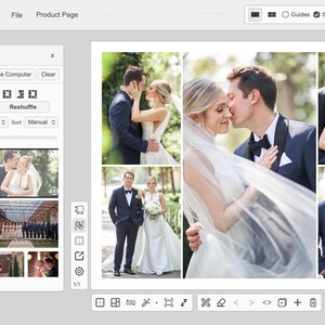 K&ouml;nnte beinhalten: Eine digitale Benutzeroberfl&auml;che namens Smart Collage Builder, die einen Arbeitsbereich zur Fotobearbeitung zeigt. Der Bildschirm enth&auml;lt eine Seitenleiste mit Werkzeugen zur Verwaltung von Elementen und eine Hochzeits-Collage.