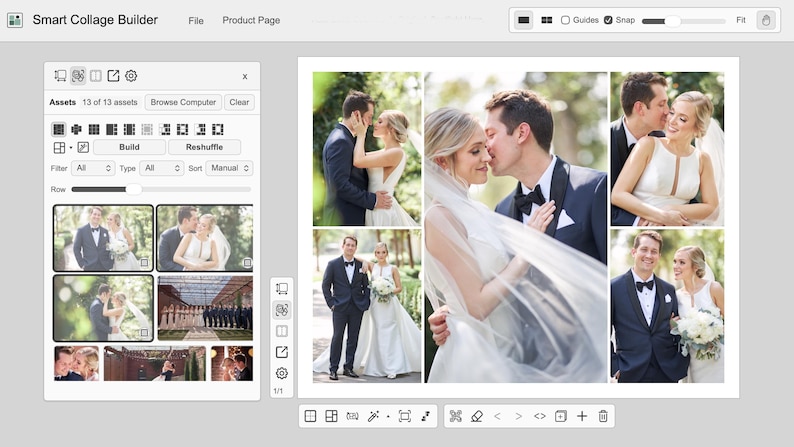 K&ouml;nnte beinhalten: Eine digitale Benutzeroberfl&auml;che namens Smart Collage Builder, die einen Arbeitsbereich zur Fotobearbeitung zeigt. Der Bildschirm enth&auml;lt eine Seitenleiste mit Werkzeugen zur Verwaltung von Elementen und eine Hochzeits-Collage.