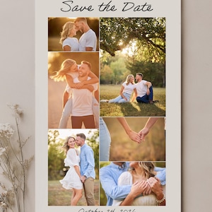 May include: A collage-style wedding announcement with the text "Save the Date" and "October 24, 2026." The announcement features multiple photos of a couple in various outdoor settings. The bottom of the announcement reads "smart • fast • no templates • no guessing."