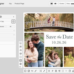 Puede incluir: Una interfaz digital para Smart Collage Designer que muestra una plantilla de collage de fotos con el texto Save the Date 10.26.26. El dise&ntilde;o presenta cinco fotograf&iacute;as distintas de una pareja en exteriores, junto con herramientas y ajustes.