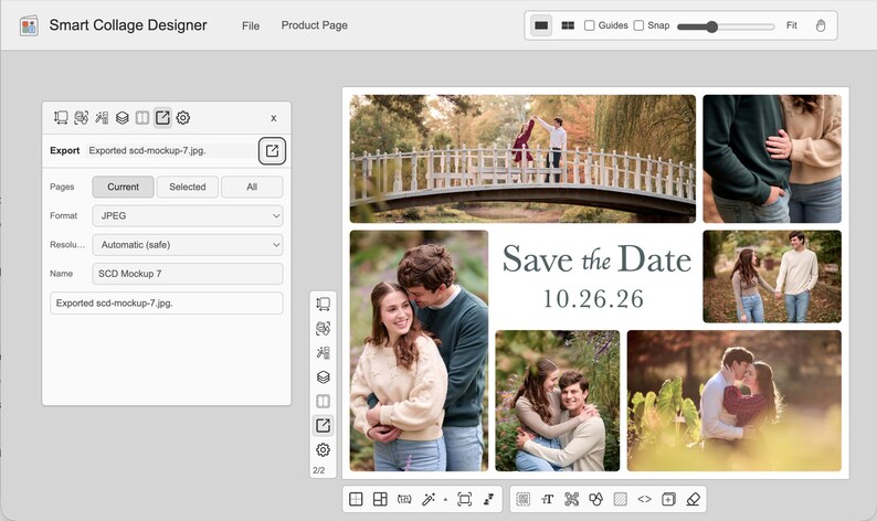 Puede incluir: Una interfaz digital para Smart Collage Designer que muestra una plantilla de collage de fotos con el texto Save the Date 10.26.26. El dise&ntilde;o presenta cinco fotograf&iacute;as distintas de una pareja en exteriores, junto con herramientas y ajustes.