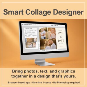 Puede incluir: Un monitor de computadora que muestra la interfaz del software Smart Collage Designer, con un collage de fotos que incluye el texto 'SAVE the DATE October 26, 2026'. La pantalla muestra herramientas de edici&oacute;n, recursos y opciones de dise&ntilde;o.