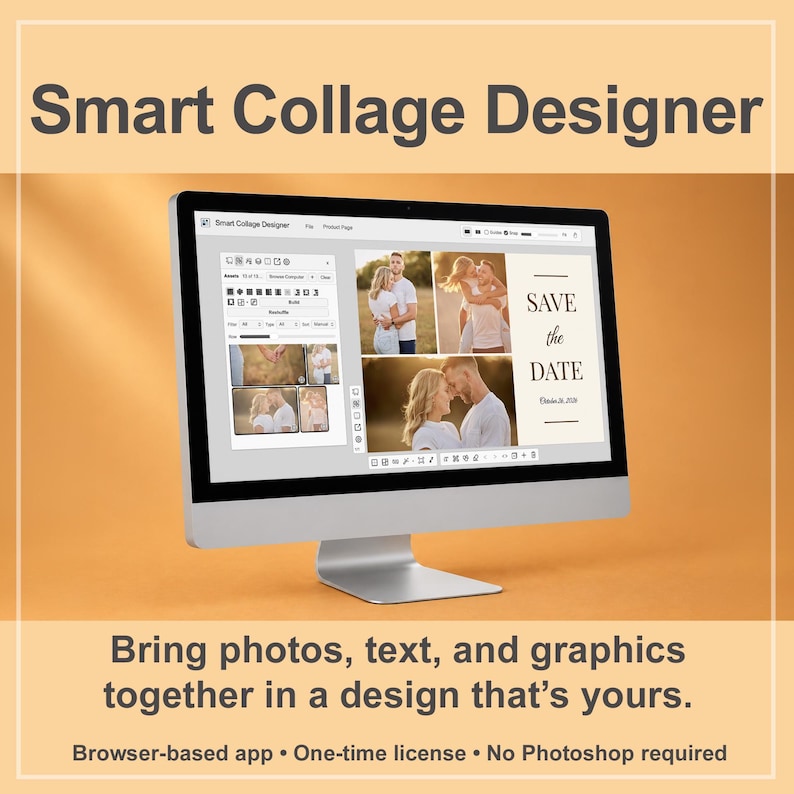 Puede incluir: Un monitor de computadora que muestra la interfaz del software Smart Collage Designer, con un collage de fotos que incluye el texto 'SAVE the DATE October 26, 2026'. La pantalla muestra herramientas de edici&oacute;n, recursos y opciones de dise&ntilde;o.