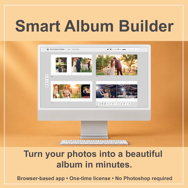 May include: A computer monitor displaying the Smart Album Builder software interface with wedding photo layouts. The screen shows multiple image grids and editing tools. Text reads: Smart Album Builder, Turn your photos into a beautiful album in minutes, Browser-based app, One-time license, No Photoshop required.