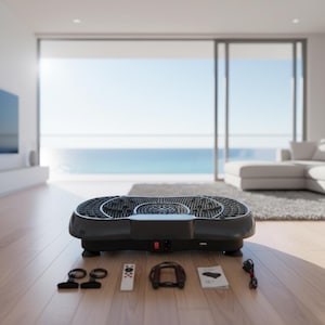 Pode incluir: Uma plataforma vibratória preta com superfície texturizada, painel de controle e acessórios. Inclui controle remoto, faixas de resistência e manual do usuário. O dispositivo foi projetado para fitness e exercícios.