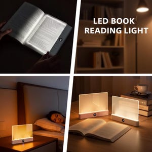 Può includere: Luce da lettura a LED per libri. L'immagine mostra un libro con un pannello luminoso sopra le pagine, che illumina il testo. Ulteriori immagini mostrano la luce in uso, con una persona che legge a letto e su un tavolo. La luce ha una forma rettangolare e una base bianca o rosa.