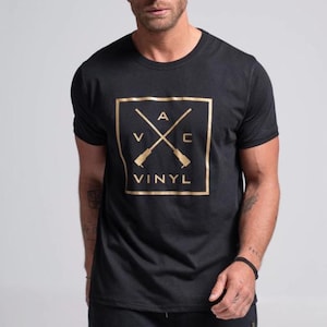 Black Men&#39;s Vinyl T-shirt With Stripes Size L
