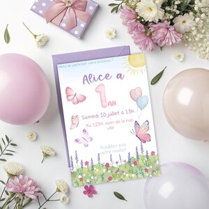 Invito alla festa - farfalla, primo compleanno, 1 anno, festa per bambini, souvenir, fiori