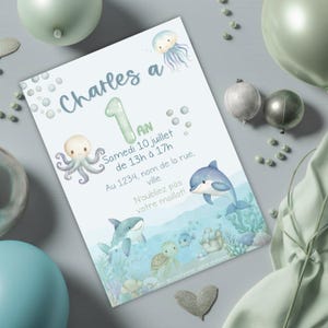 Invito per festa - animali marini - blu, primo compleanno, 1 anno, festa per bambini, souvenir