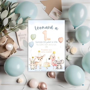 Party invitation - forest animals - blue, first birthday, 1 year old, children's party, souvenirs