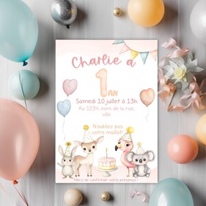 Invito per festa - animali della foresta - rosa, primo compleanno, 1 anno, festa per bambini, souvenir