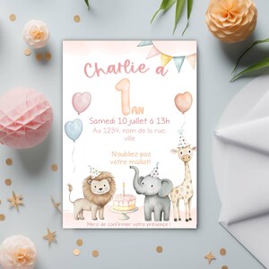 Invito alla festa - zoo - rosa, primo compleanno, 1 anno, festa per bambini, souvenir