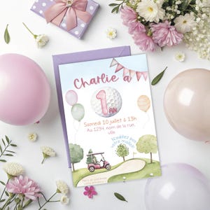 Invito alla festa - golf - rosa, primo compleanno, 1 anno, festa per bambini, souvenir