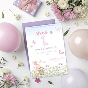 Party invitation - bunny, first birthday, 1 year old, children's party, souvenirs