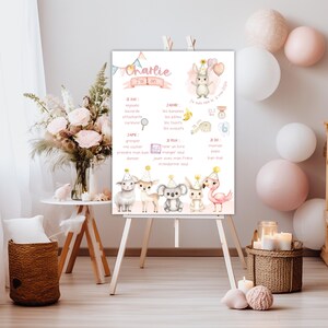 Manifesto per feste - animali della foresta - rosa, 1 anno, primo compleanno, 1 anno, festa per bambini, souvenir