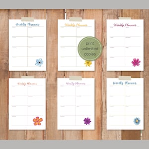 May include: A collection of six white weekly planner sheets, each adorned with a floral illustration and the words "Weekly Planner" or "Weekly Plannes". The sheets are affixed to a wooden background with tape, and one features a circular graphic that reads "print unlimited copies."
