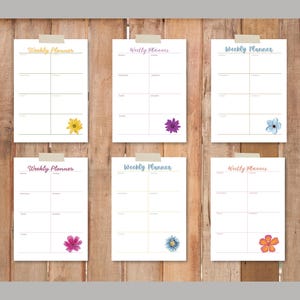 May include: Six white weekly planner sheets with floral accents are taped to a wooden background. Each planner has a different colored flower at the bottom, including yellow, purple, blue, and orange. The words "Weekly Planner" are at the top.