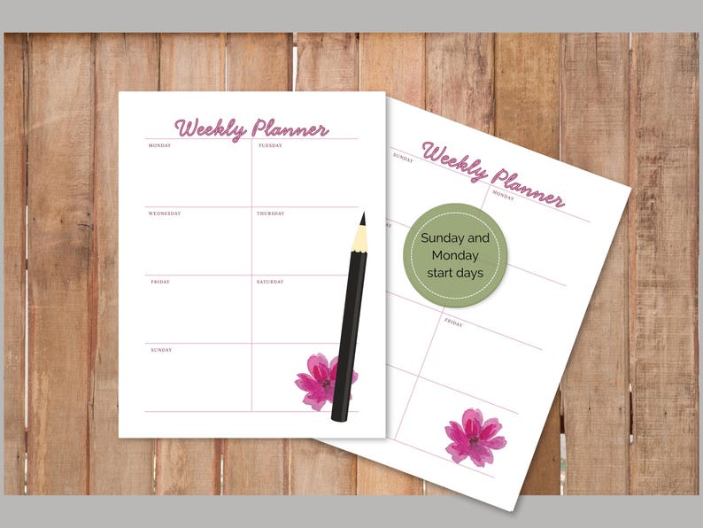 Weekley Planner Cursive Weekly Planner Printable Bundle of Six One-page Designs in Both Sunday ...