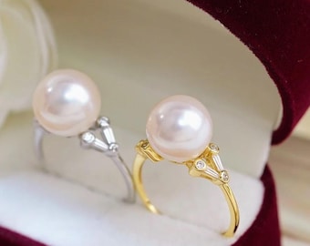 8-9mm White Pearl Ring, Natural Pearl Ring, Moissanite Dainty Ring, Fresh Water Pearl Ring, Sterling Silver Moissanite Ring, Pearl Jewelry