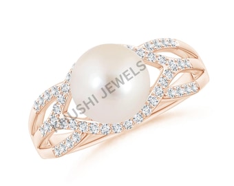 8mm Round Natural White Pearl Ring, Moissanite Criss Cross Shank Ring, Fresh Water Pearl Bridal Ring, 925 Sterling Silver Handmade Jewelry