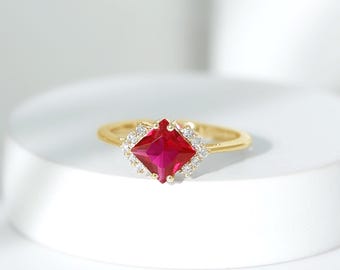 Lab Grown Ruby Engagement Ring, 6mm Princess Cut Red Ruby Ring, Moissanite Accented Promise Ring, 925 Sterling Silver Ring, Handmade Jewelry