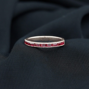 Garnet Baguette Half Eternity Band 14k Gold Plated Silver Garnet Ring, Garnet CZ Wedding Band, Stacking Statement Ring For Women Jewelry