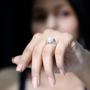 100% Natural Fresh Water Pearl Ring, White Pearl Ring, Moissanite Promise Ring, Silver Minimalist Pearl Ring, Gold 8MM Ball Round Pearl Ring
