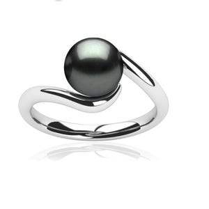 May include: A sterling silver ring featuring a dark gray pearl. The ring's band has a flowing, curved design that cradles the pearl. The pearl is a prominent, spherical shape, set against a bright, reflective background.
