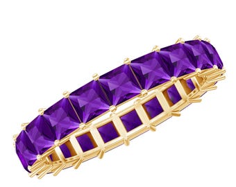 Purple Amethyst CZ Full Eternity Band, 3mm Princess Cut Amethyst Eternity Ring, 925 Sterling Silver Band Ring, Handmade Birthstone Jewelry