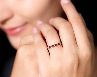Red Ruby CZ Half Eternity Bezel Setting Band Ring in 925 Sterling Silver Handmade Ruby Eternity band, Ruby Stacking Band Ring For Women