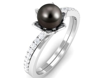 Tahitian Black Pearl Bypass Ring, Natural Black Pearl Stacking Ring, Moissanite Dual Band Ring, 925 Sterling Silver Ring, Pearl Jewelry Gift