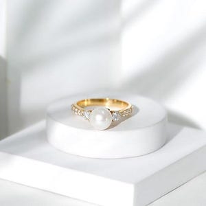 Fresh Water White Pearl Ring, 14k Gold Plated 8mm White Pearl Solitaire Ring, Silver Ring For Women, Pearl Engagement Ring For bridal Gift