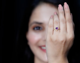 6mm Heart Shape Amethyst CZ & Moissanite Wedding Ring, Purple Gemstone Love Ring, 925 Sterling Silver Handmade Ring, Moissanite Bridal Gift