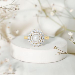 Fresh Water Pearl Ring, 925 Sterling Silver Moissanite Double Halo Pearl Ring, White Pearl Wedding band, Dainty Statement Ring For Women