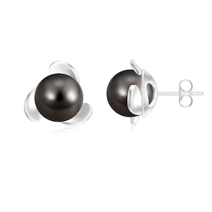 Flower Leaf Design Studs Black Pearl Earrings, 14k Gold Plated Silver Natural Tahitian Pearl Studs, Smooth Ball Studs Earrings For Women