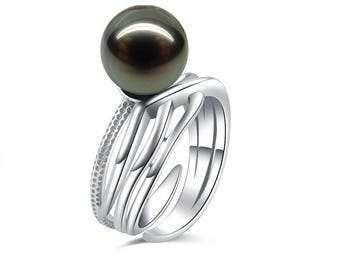 Tahitian Black Pearl Ring, Adjustable Sterling Silver Band, Handmade